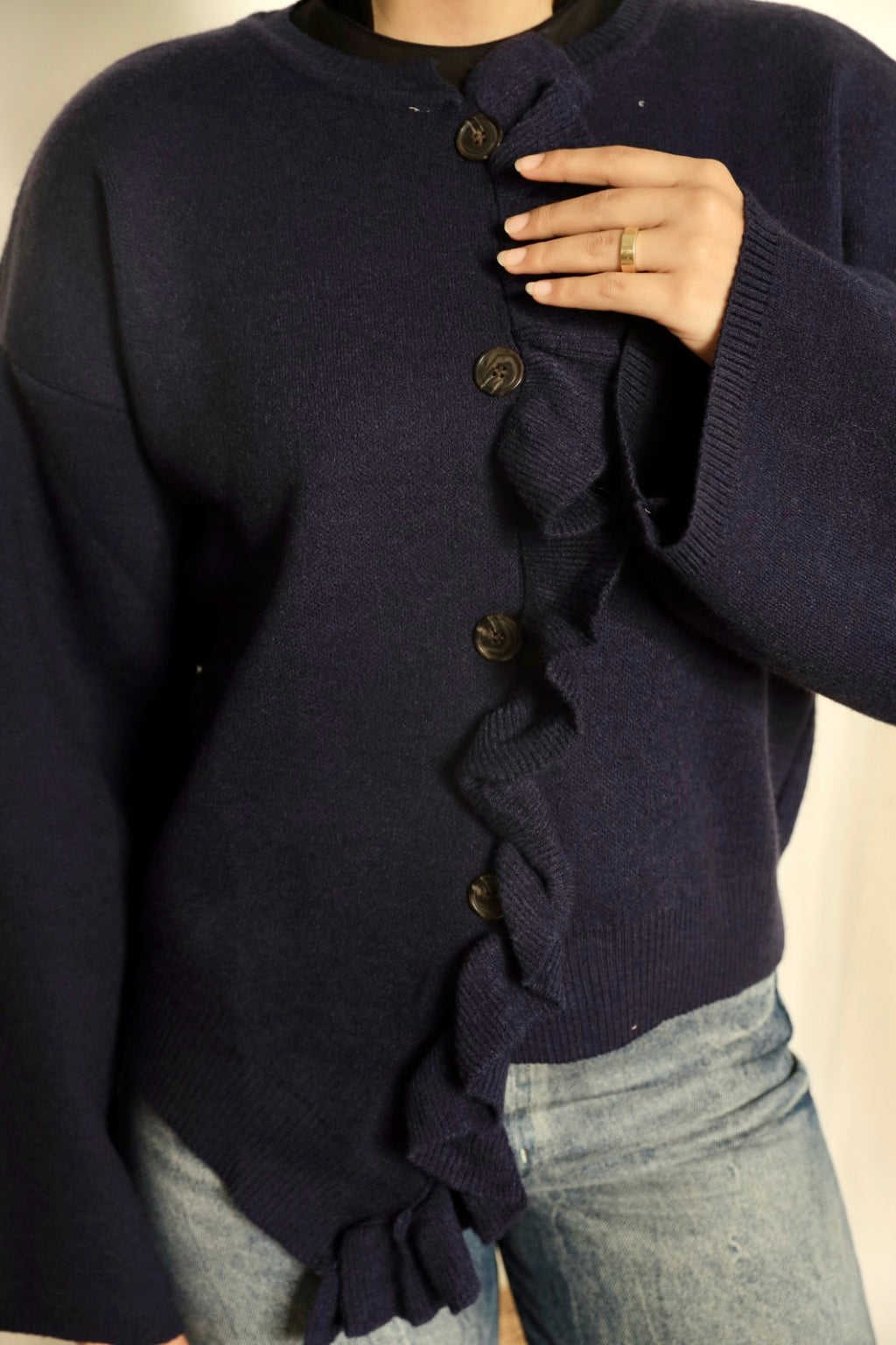 Navy Blue Ruffle Trim Cardigan