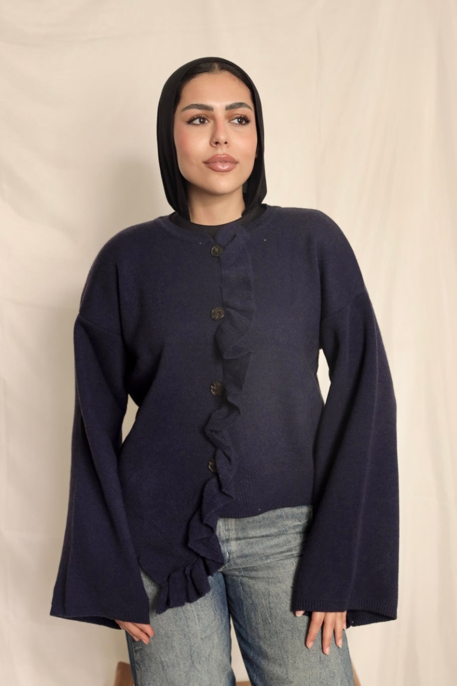 Navy Blue Ruffle Trim Cardigan
