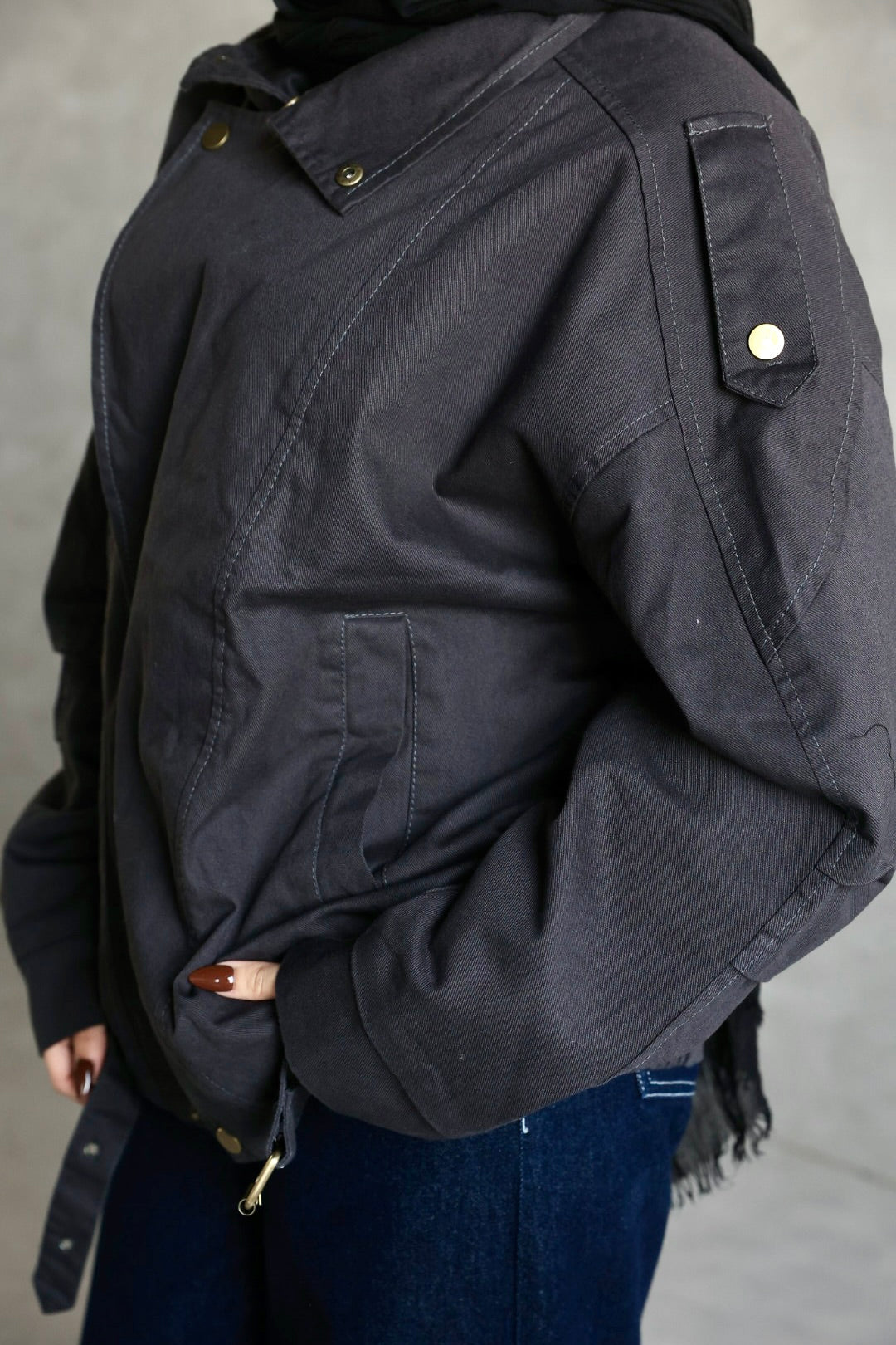 BLACK QUILTED FABRIC  GABARDINE JACKET