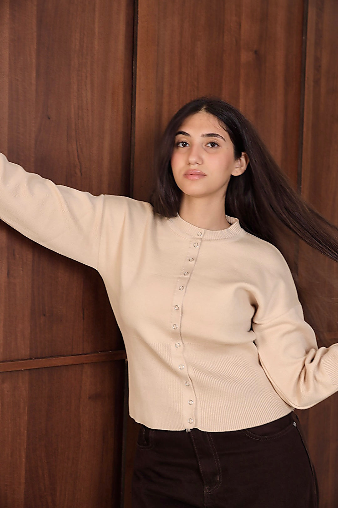 Beige Ribbed Waist Cardigan